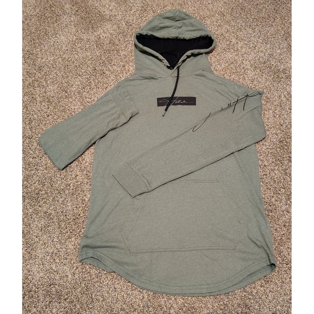Hollister Mens Olive Green Long Sleeve Hooded Shirt Script Sleeve Logo Size M